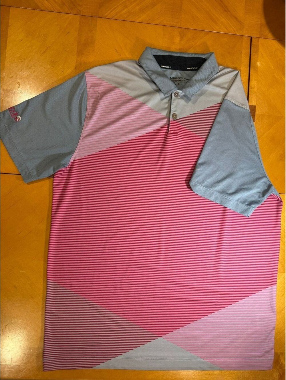 Nike Golf Tour Performance Mens Large Striped Polo Shirt Pink Blue Geometric L